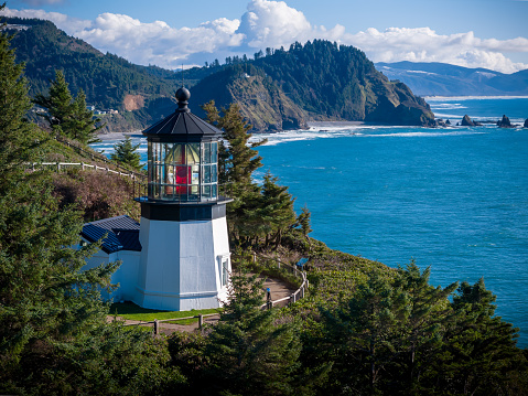 Cape Meares Lighthouse looking Southwest at the coastline. Tillamook County.