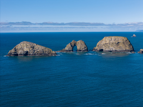 Three Arch Rocks Cape Meares Oceanside Drive Highway 101 Oregon Coast. Drone View.