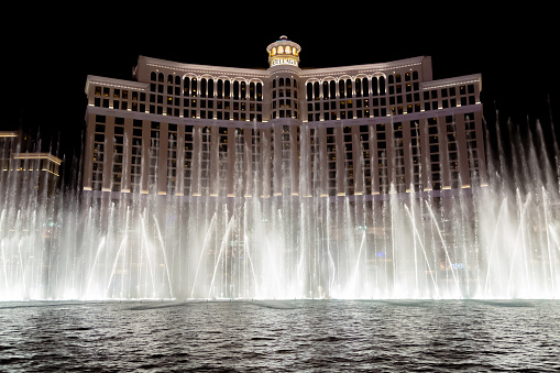 Las Vegas, Nevada - April 2017: Bellagio fountain water show at night.
