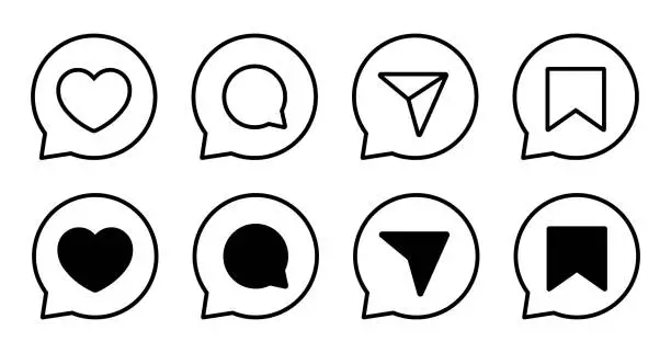 Vector illustration of Like, comment, share, and save icon on speech bubble line. Social media elements