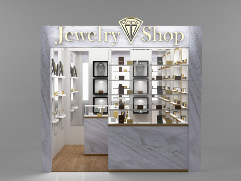 Jewelry shop Front view. Luxury jewellery storefront or façade with text sign. 3d Rendering illustration