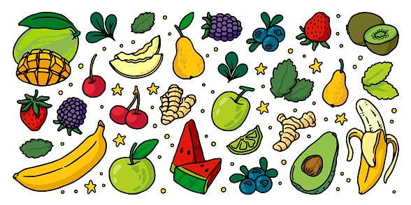 Doodle fruits. Summer apple, strawberry and cherry, orange, banana and blueberry, food. Sweet tropical vitamin products. Hand drawn avocado, watermelon and ginger. Vector cartoon icon isolated set