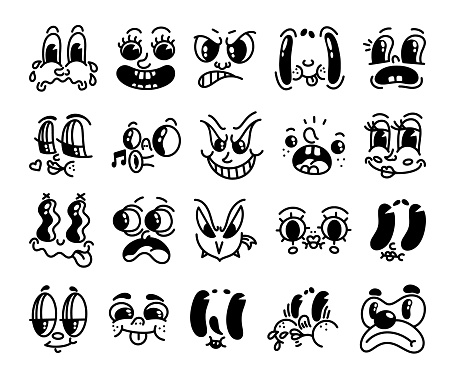 Cartoon faces. Retro characters portrait, eye, vintage comic smile and cute mouth, bunny happy mascot. facial funny comic simple creature, 50s style. Creator elements. Vector logo, isolated icons