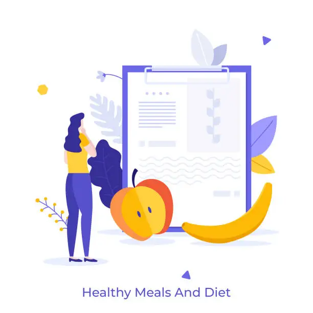Vector illustration of Woman looking at nutrition plan written on tablet. Concept of dietary food, healthy meals for weight management or loss, low-calorie diet. Modern flat colorful vector illustration for poster, banner.
