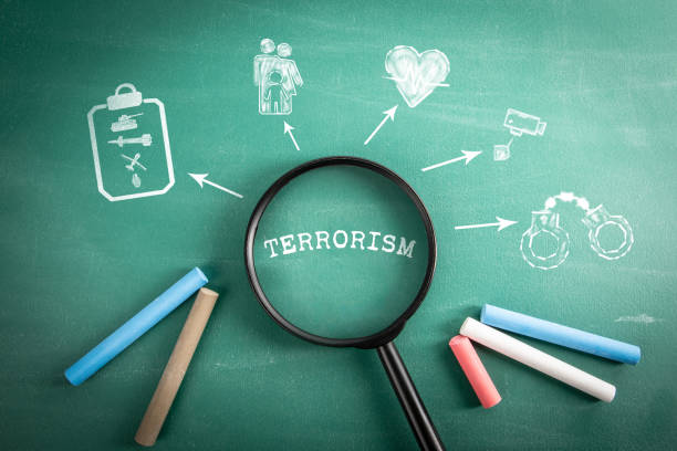 istock Terrorism. Magnifying glass on green school blackboard background 2105488793
