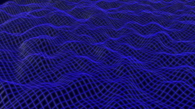 Abstract deep blue background with grid mesh of lines and waves geometric animation motion graphics. Vibrant neon glowing colors. Technology, science digital futuristic concept. 4k 3d rendered video.