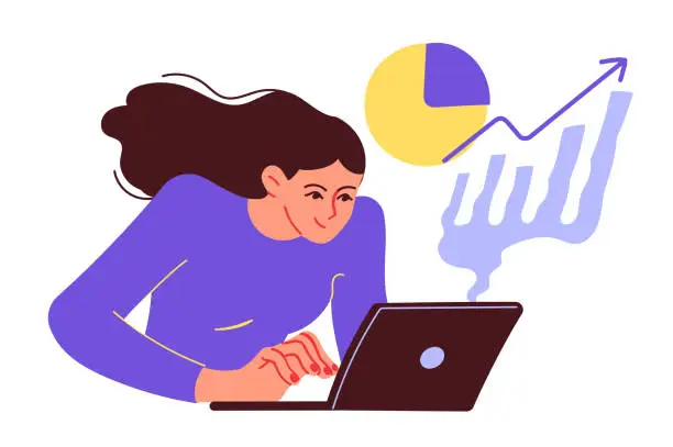 Vector illustration of Very busy businesswoman works quickly with a laptop computer