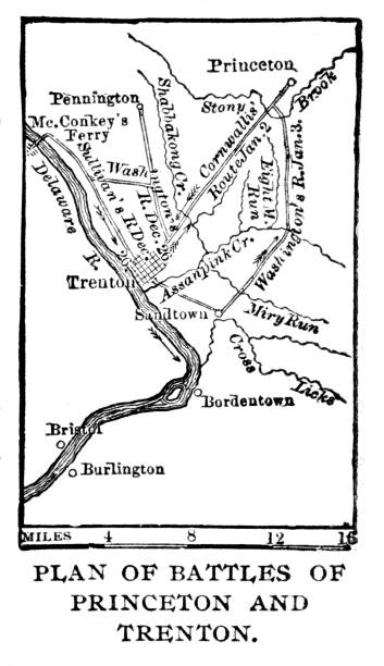 Map of Battle Plans in Princeton and Trenton, New Jersey, United States, Revolutionary War,18th Century American History Revolutionary War Battle Plans in Princeton and Trenton, New Jersey, USA, 1776 map. Illustration published 1895. Copyright expired; artwork is in Public Domain. colonies map stock illustrations