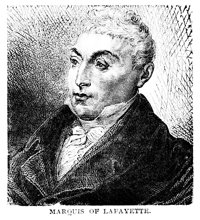 Portrait of Marquis de LaFayette (September 6, 1757 - May 20, 1834) , a French aristocrat and military officer who commanded American troops in the American Revolutionary War, including the Siege of Yorktown. Commander in French Revolution. Illustration published 1895. Copyright expired; artwork is in Public Domain.