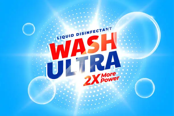 Vector illustration of ultra clean detergent powder label with bubbles and light effect