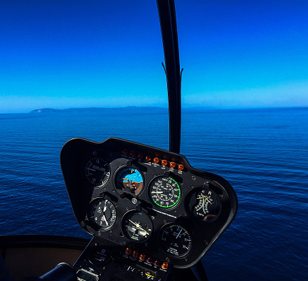 Helicopter view of the Pacific Ocean and Catalina Island in the distance.