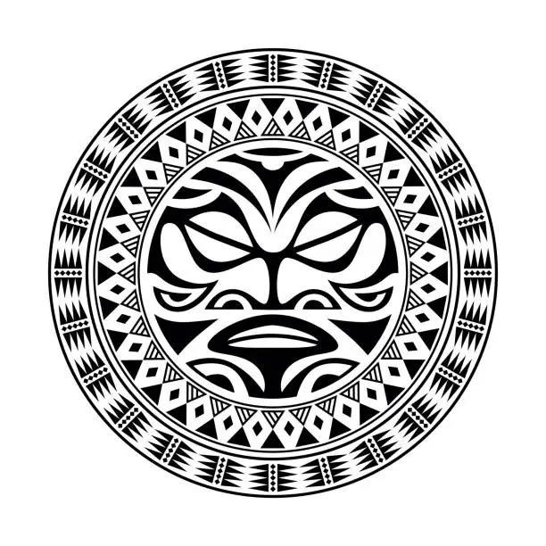 Vector illustration of Round tattoo ornament with sun face maori style. African, aztecs or mayan ethnic mask.