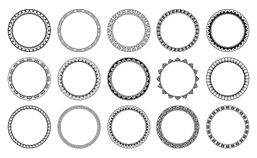 Big set of Round geometrical maori border frame design. Simple. Black and white collection. African, maya, aztec, ethnic, tribal style.