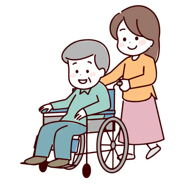 Vector illustration of A woman pushing a wheelchair and a smiling senior man