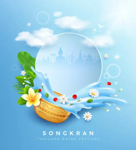 Vector illustration of Songkran water festival thailand, flowers in a water bowl water splashing, tropical green leaf and white flower