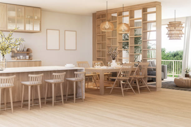 Modern contemporary wooden kitchen, dining and living room with nature view 3d render