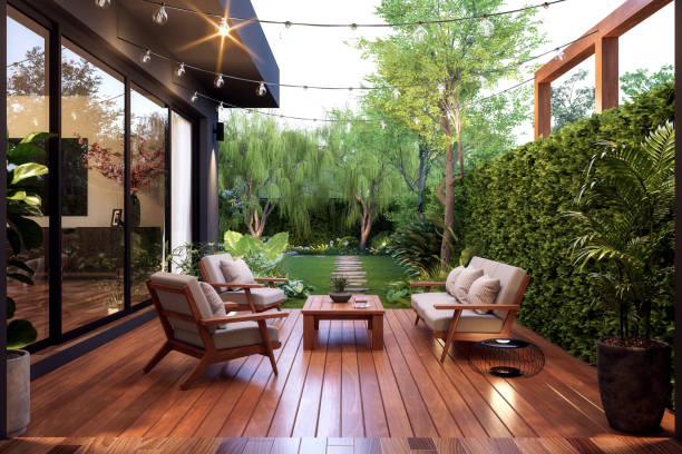 istock Modern contemporary style small wooden terrace with garden view 3d render 2105771008