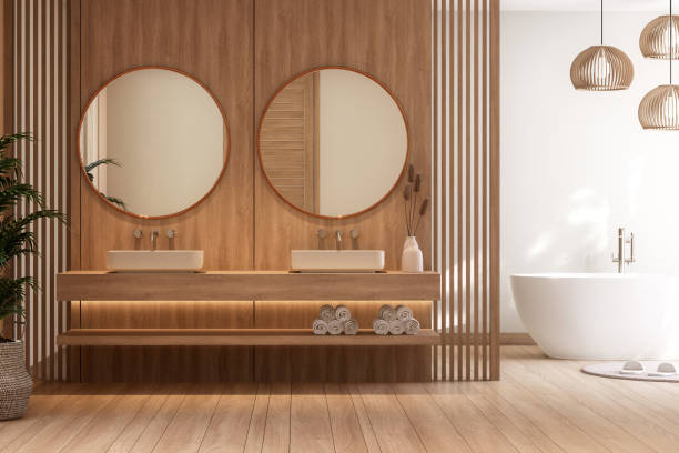 モダンで現代的なスタイルの木製バスルーム3Dレンダリング