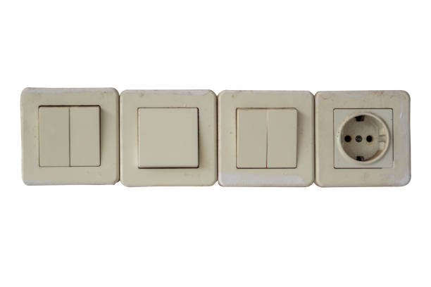 Electrical sockets and a switches isolated on white background. Electrical port. On and off switches.