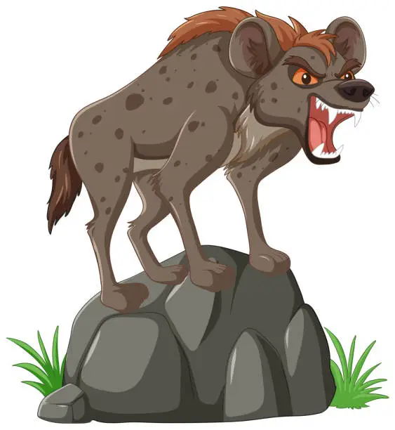 Vector illustration of Angry hyena growling atop a stone boulder