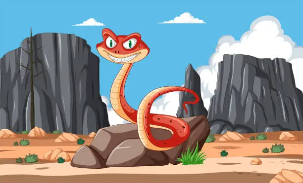 Vector illustration of Cartoon snake with a playful expression in desert.