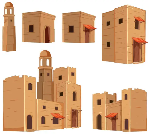 Vector illustration of Collection of stylized desert buildings in vector format