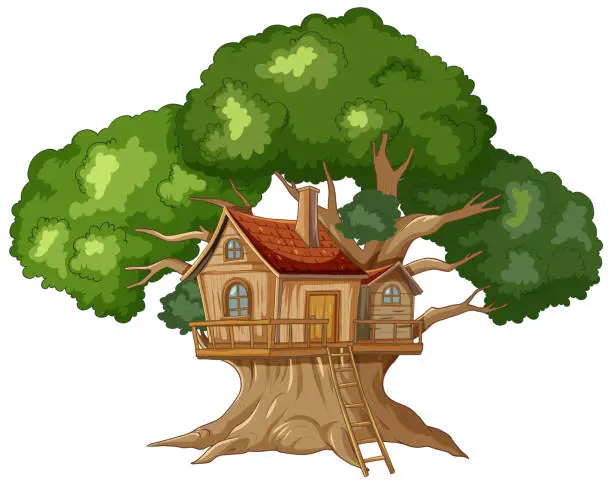 Vector illustration of Whimsical treehouse nestled within a vibrant tree.