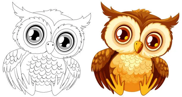 Vector illustration of Vector graphic of an owl, outlined and colored