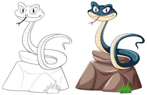 Vector illustration of Two smiling snakes illustrated on stone surfaces.