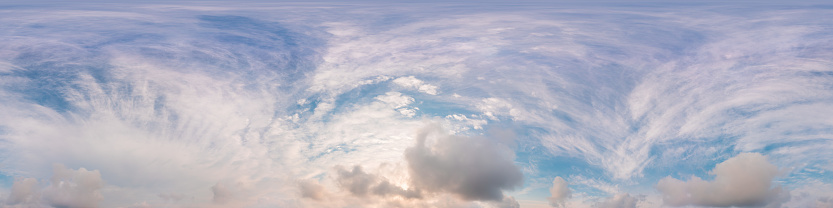 Sky panorama with Cirrus clouds in Seamless spherical equirectangular format. Full zenith for use in 3D graphics, game and editing aerial drone 360 degree panoramas for sky replacement