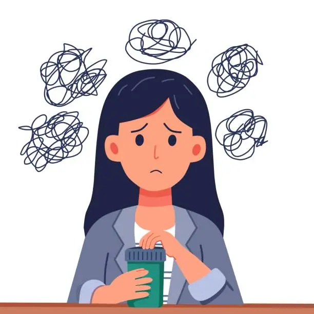 Vector illustration of overworked and very stressed tired woman