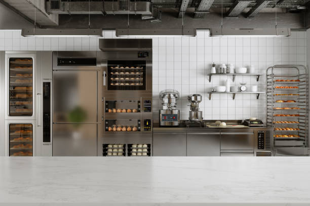 istock Industrial Kitchen With Empty Marble Kitchen Countertop And Kitchen Utensils, Equipments And Bakery Products 2105846557