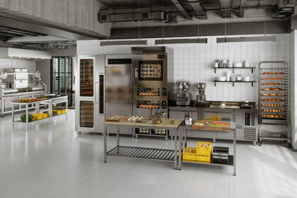 istock Modern Commercial Kitchen Interior With Kitchen Equipments, Foods And Bakery Products 2105848604