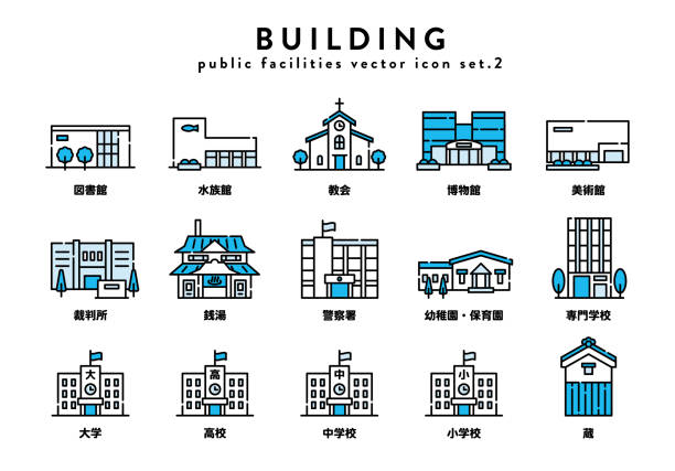 ilustraciones, imágenes clip art, dibujos animados e iconos de stock de conjunto de iconos de construcción simple - escuela preescolar