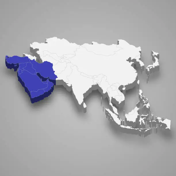 Vector illustration of Middle East location within Asia 3d map