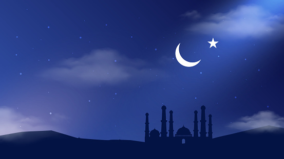 Silhouette dome mosques at night with stars, crescent moon and dark blue sky. Vector banner design background for Islamic religions, Eid al-Adha, Eid al-fitr, Happy muharram and Islamic new year greeting card.
