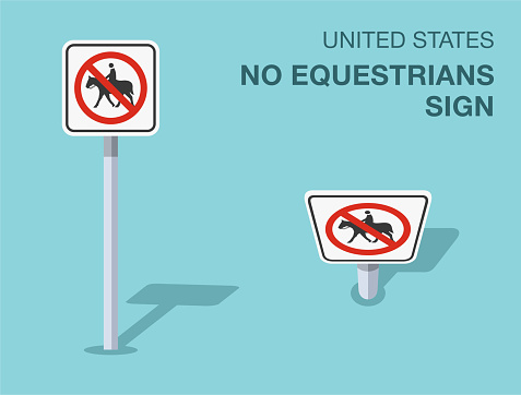 Traffic regulation rules. Isolated United States no equestrians road sign. Front and top view. Flat vector illustration template.