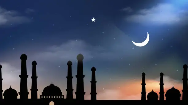 Vector illustration of Silhouette dome mosques at night with stars, crescent moon and dark blue sky. Vector banner design background for Islamic religions, Eid al-Adha, Eid al-fitr, Happy muharram and Islamic new year greeting card.