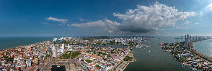 Drone images of Cartagena, Colombia. Bocagrande, Centro Historico.