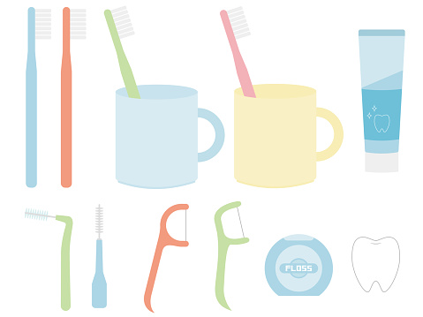 Illustration set of toothbrush, toothpaste, interdental brush and floss. Illustration in flat design without outline.