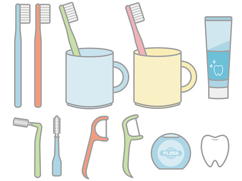 Illustration set of toothbrush, toothpaste, interdental brush and floss. Illustration with outline.