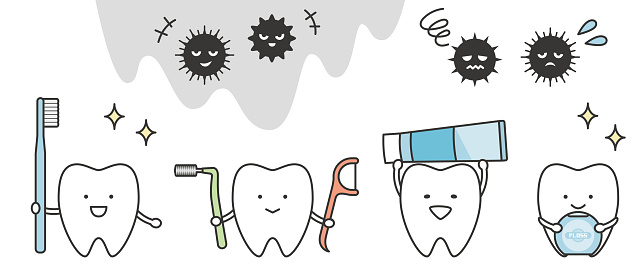 Cute tooth character with toothbrush and floss and tooth decay bacteria. Cute cartoon style illustration for children.