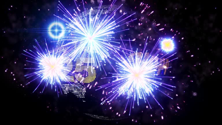 Blue Yellow Shiny Happy New Year 2025 On Square Grid Globe World Map Light Flare Stars Fireworks