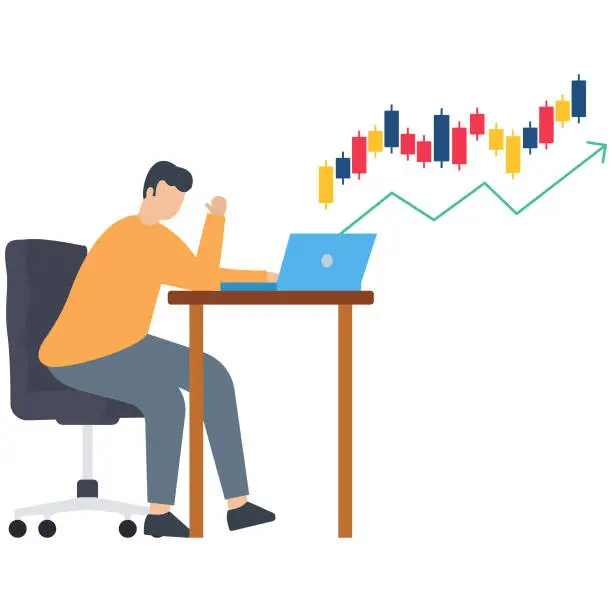 Vector illustration of A Successful online trader, Stock market and crypto currency internet trading, Earn money from investment technical analysis, Make money by trading online on laptop