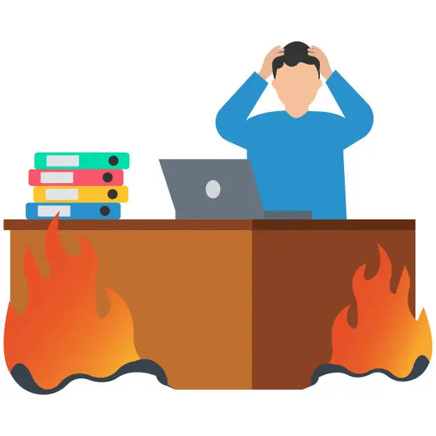Vector illustration of Burnout from overworked or pressure to finish within deadline, Frustration or exhausted worker, Despair employee or trouble, Working with laptop on burning matchstick