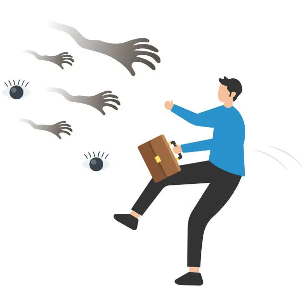 Vector illustration of Fear or struggle from business failure, anxiety, depression or panic attack, afraid or negative feeling, Mental disorder, Running away from creepy monster hand chasing