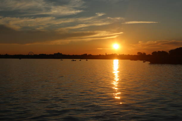 Golden colour sunset over lake Balaton in Gyenesdiás, Zala county, Hungary