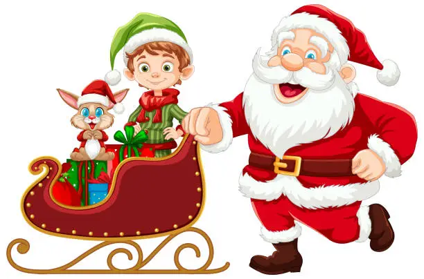 Vector illustration of Santa, elf, and reindeer with a sleigh of presents.