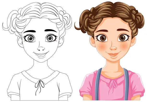 Vector illustration of Black and white beside colored girl illustration.