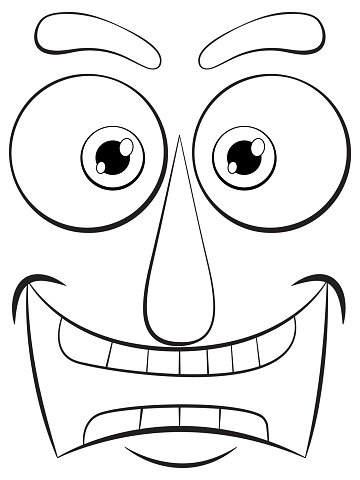 Black and white cartoon face with exaggerated features.